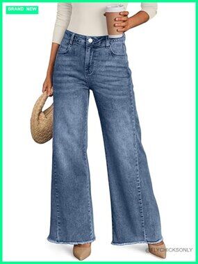 Wide Leg Jeans with Raw Hem, Relaxed Fit Denim Pants